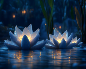 Enchanting glowing lotus flowers illuminate a tranquil nocturnal pond, creating a serene and magical atmosphere. Perfect for meditation, spa, or fantasy themes.