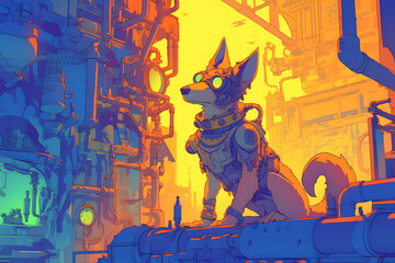 Obraz premium A futuristic dog in goggles surveys a vibrant industrial landscape filled with pipes and machinery