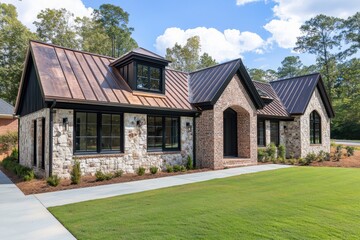 Obraz premium Modern stone and brick house with metal roof set in a landscaped yard, showcasing contemporary architectural design on a sunny day