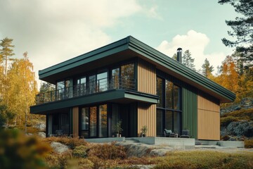 Fototapeta premium Modern architectural design of a house in a serene forested area showcasing seasonal colors and a harmonious blend with nature during autumn afternoons