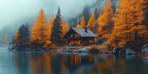 Obraz premium Autumn lake cabin, misty mountains