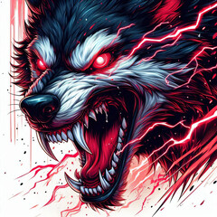 Angry wolf tshirt design. Angry wolf poster illustration. an angry wolf snarling with glowing red eyes and lightning striking in the background