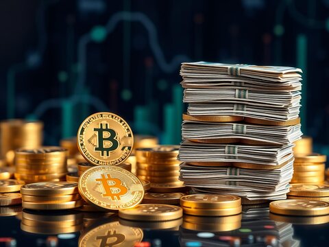 A stack of shiny golden bitcoin coins representing crypto currency and digital currency, money, stack, digital