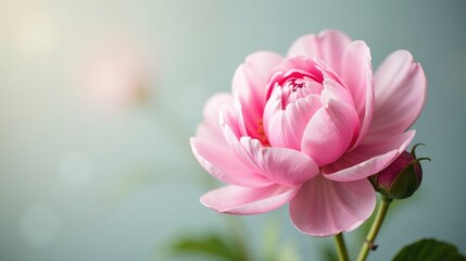 Fototapeta premium A Delicate Pink Blossom in Soft Light, Showing Exquisite Petals and a Bud