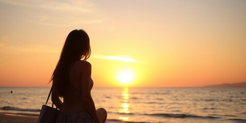 Fototapeta premium A woman sitting peacefully by the ocean, her silhouette beautifully illuminated by the setting sun, lifestyle, relaxation, vacation