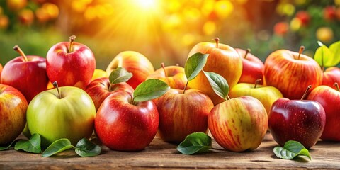 A Bountiful Harvest of Juicy, Ripe Apples Glistening in Warm Sunlight on a Rustic Wooden Surface