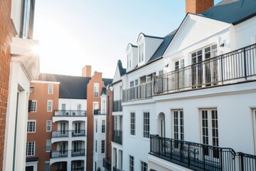 Fototapeta premium Modern residential buildings showcasing a blend of brick and white facades in a sunlit courtyard captured during the late afternoon hours