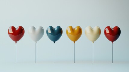 Six Colorful Heart-Shaped Balloons in a Row on Light Blue Background