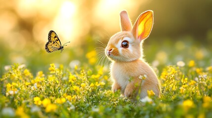 A bunny hopping playfully among patches of soft clover.