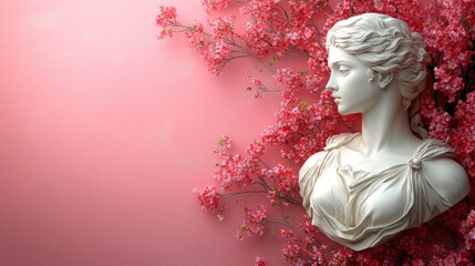 Naklejka premium Elegant Marble Bust Surrounded by Cherry Blossoms on Pink Background