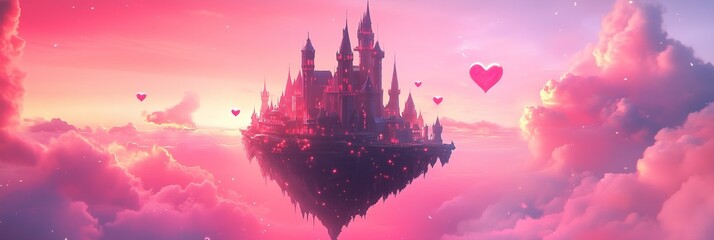 Romantic Valentine's Day Background with Floating Castle