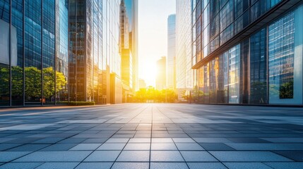 Fototapeta premium Golden Hour Cityscape: Modern Architecture and Urban Streetscape