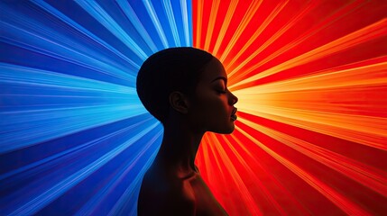 Silhouette of a Woman Amid Vibrant Blue and Red Radiant Background