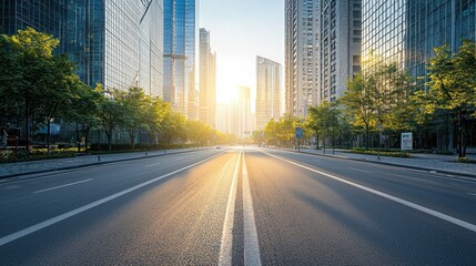 Sunrise Cityscape: Modern Urban Street with Green Trees and Skyscrapers