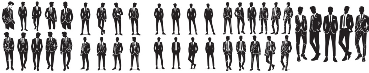 collection of vector icons of male silhouette models wearing suits