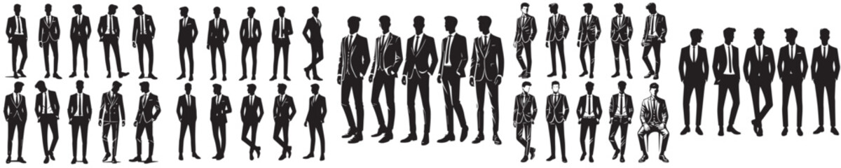 collection of vector icons of male silhouette models wearing suits
