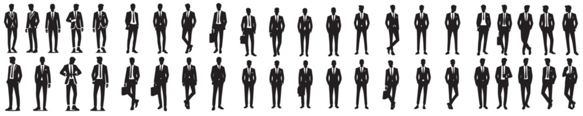 collection of vector icons of male silhouette models wearing suits