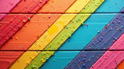 Fototapeta premium Vibrant Rainbow Hues Arranged in Diagonal Pattern with Colorful Confetti Scattered Across the Surface