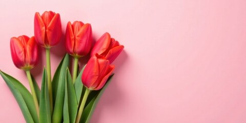 Fototapeta premium Vibrant Red Tulips Arranged on a Soft Pink Background, Perfect for Springtime Celebrations and Floral Designs