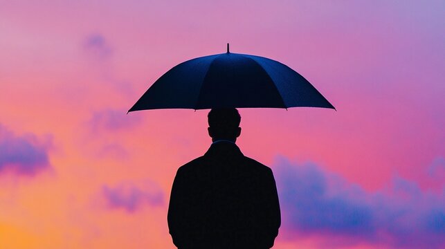 back view of a man in formal attire holding an umbrella against a sunset colored sky symbolizing protection and health coverage, insurance concept - Powered by Adobe