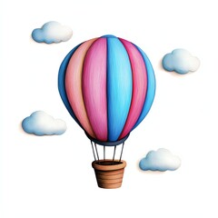 Obraz premium A colorful hot air balloon surrounded by fluffy clouds, creating a cheerful and whimsical atmosphere.