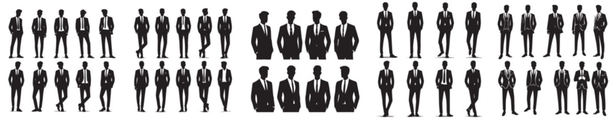 collection of vector icons of male silhouette models wearing suits