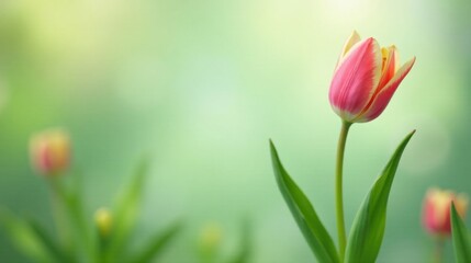 Fototapeta premium A Single Pink and Yellow Tulip in a Soft Green Garden Setting, a Botanical Springtime Image