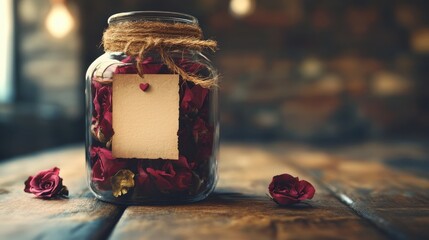 Rustic Valentine's Day concept. A glass jar filled with dried rose petals, tied with twine, sits on a wooden surface, evoking a rustic, romantic ambiance.