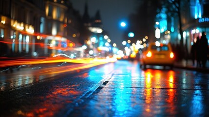 Obraz premium Vibrant Night Cityscape with Blurred Traffic and Reflections on Wet Pavement
