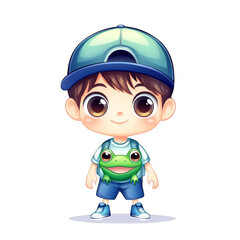 Playful boy with frog backpack whimsical art cartoon style colorful background cheerful vibe