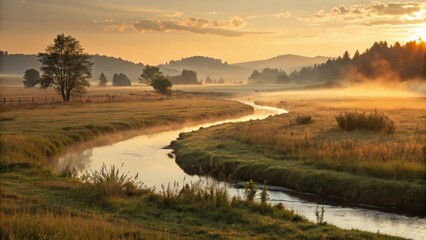 Surreal Depiction of Contentment with a Flowing River at Sunrise