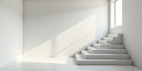 Obraz premium Modern Minimalist Interior with Sunlight Streaming Through Window and White Concrete Staircase
