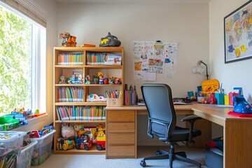 Child's bright, organized room with desk, bookshelf, toys, and window.