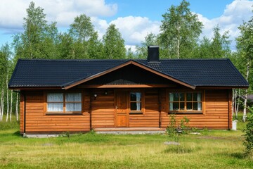 Obraz premium Nestled amidst a vibrant tapestry of lush greenery, this charming wooden cabin offers a serene escape, basking in the warmth of a bright sunny day