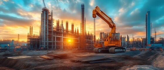 Excavator at sunset on refinery construction site.