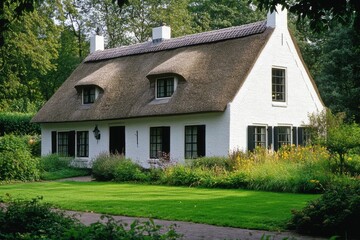Nestled in a tranquil rural setting, this enchanting cottage boasts a picturesque thatched roof and is enveloped by vibrant, lush gardens under the bright daylight