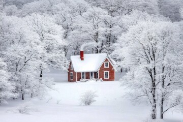 Cozy red house surrounded by snow-covered trees in a serene winter landscape captures the charm of a peaceful wonderland