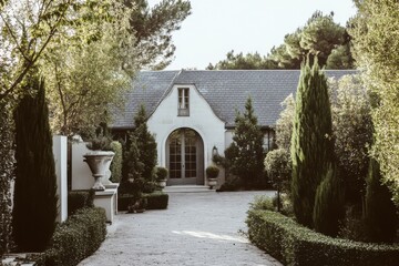 Obraz premium A beautifully elegant country house is surrounded by a lush, vibrant garden. A charming stone pathway winds through the trees, creating a picturesque scene on a tranquil afternoon