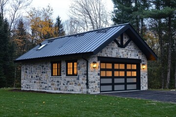Nestled in a tranquil woodland setting at dusk, this charming stone garage boasts modern features and is beautifully surrounded by vibrant autumn foliage