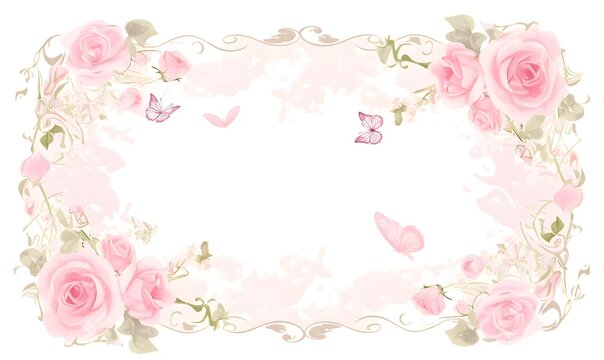 A rectangular white frame with pink roses and butterflies on a white background in the watercolor style, Generative AI