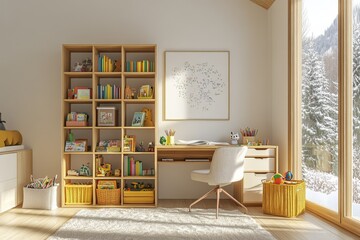 Sunny kids room with bookcase, desk, toys, and winter view.