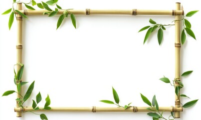Naklejka premium Bamboo frame with green leaves on white background.
