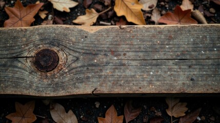 Autumnal Wooden Plank with Fallen Leaves A Rustic Textured Background