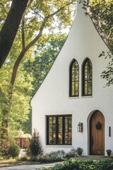 Obraz premium Elegant white house nestled among lush trees showcases distinctive architecture in a serene neighborhood setting during bright daylight