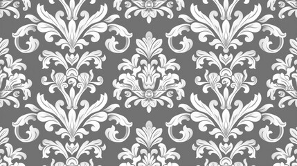 Ornate Gray and White Damask Pattern Background.