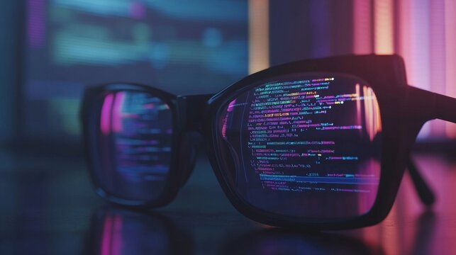 a screen with a dark-mode editor full of colorful code reflected in glasses creating a dramatic and engaging look, computer programming concept