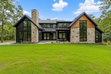 Fototapeta premium Modern luxury home with stone and wood accents set in lush greenery on a bright sunny day, offering a peaceful retreat and invitation for relaxation