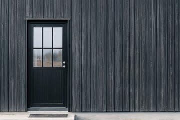 Modern black door set against a textured wooden wall in a minimalist architectural design, capturing simplicity and elegance in the outdoor environment
