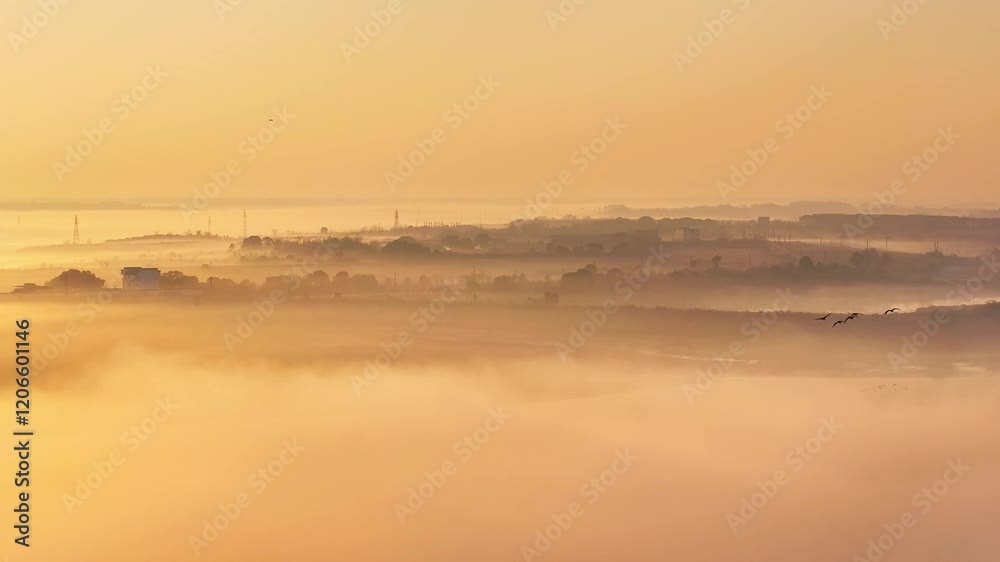 Wall mural Morning fog in the forest at sunrise