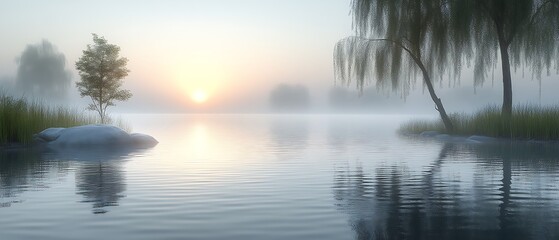 Sunrise lake mist, lone tree, calm water